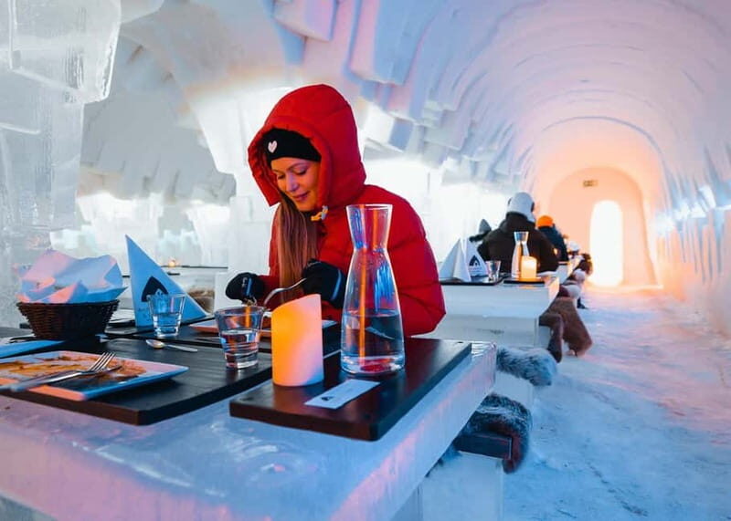 Rovaniemi: Ice Restaurant Dinner with Snow Sauna & jacuzzi - Ice Restaurant dinner: 3 courses, menu choices, and ice-plate presentation